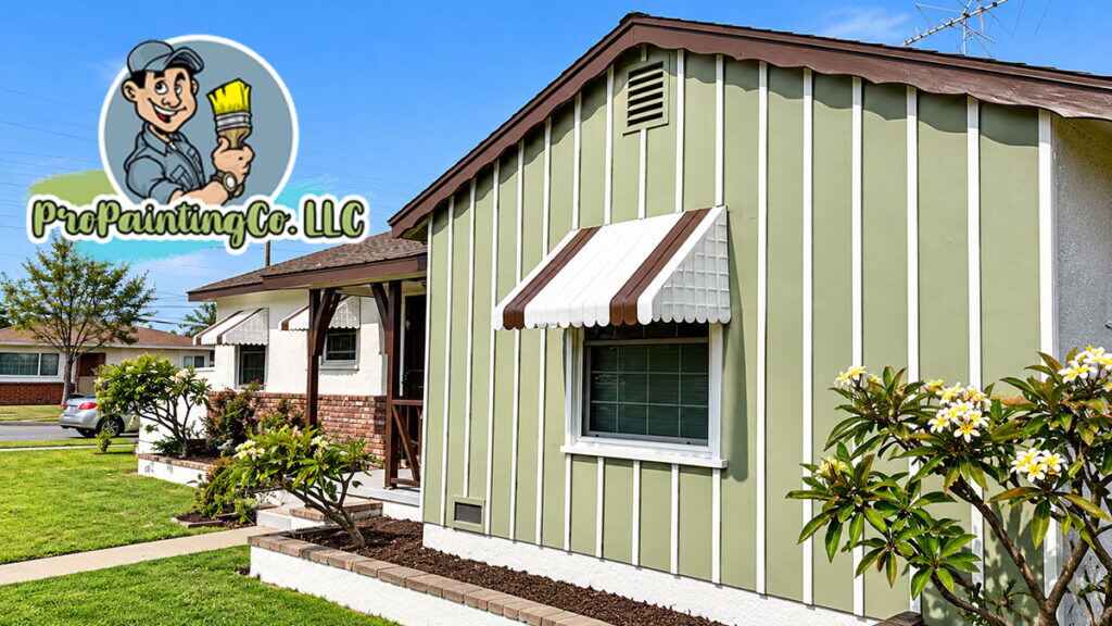 Painted green exterior siding and white trim on a Los Angeles home