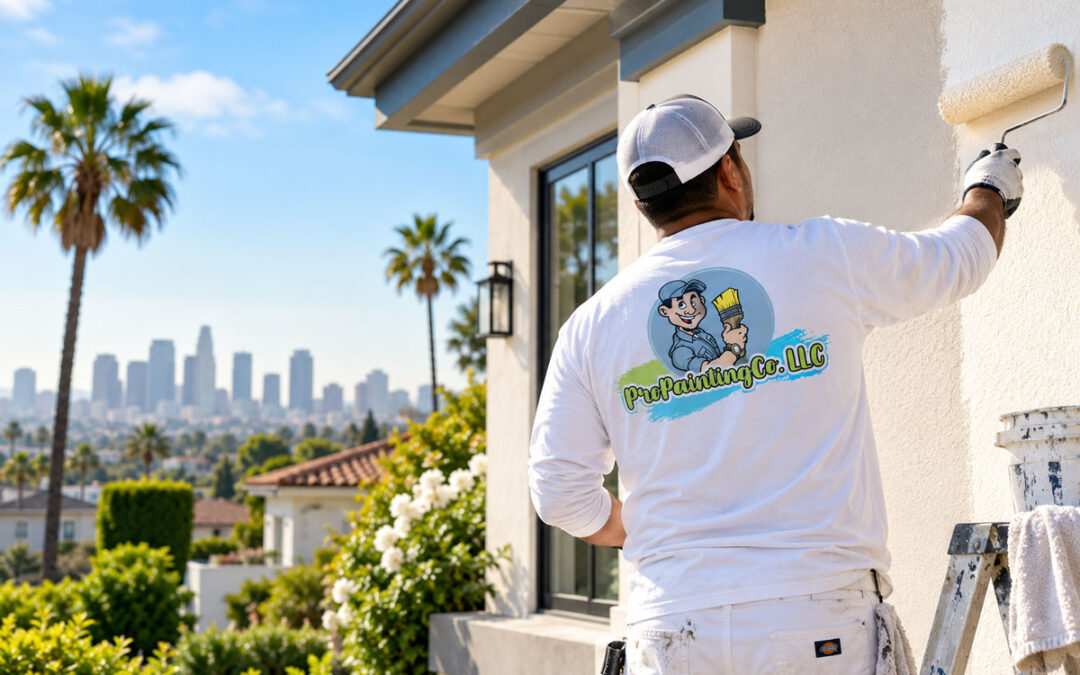 Painter applying exterior paint to a Los Angeles home